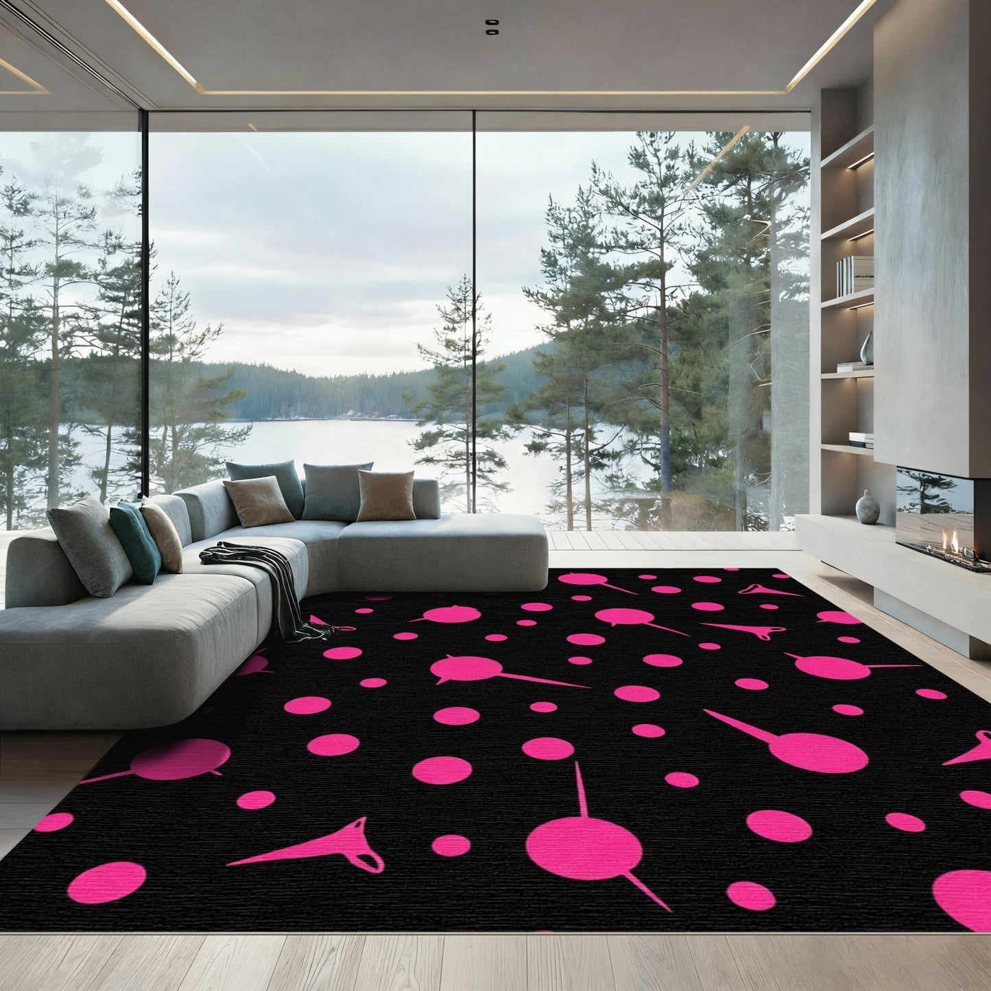 Vibrant Pink Polka Dot Abstract Shapes Rug