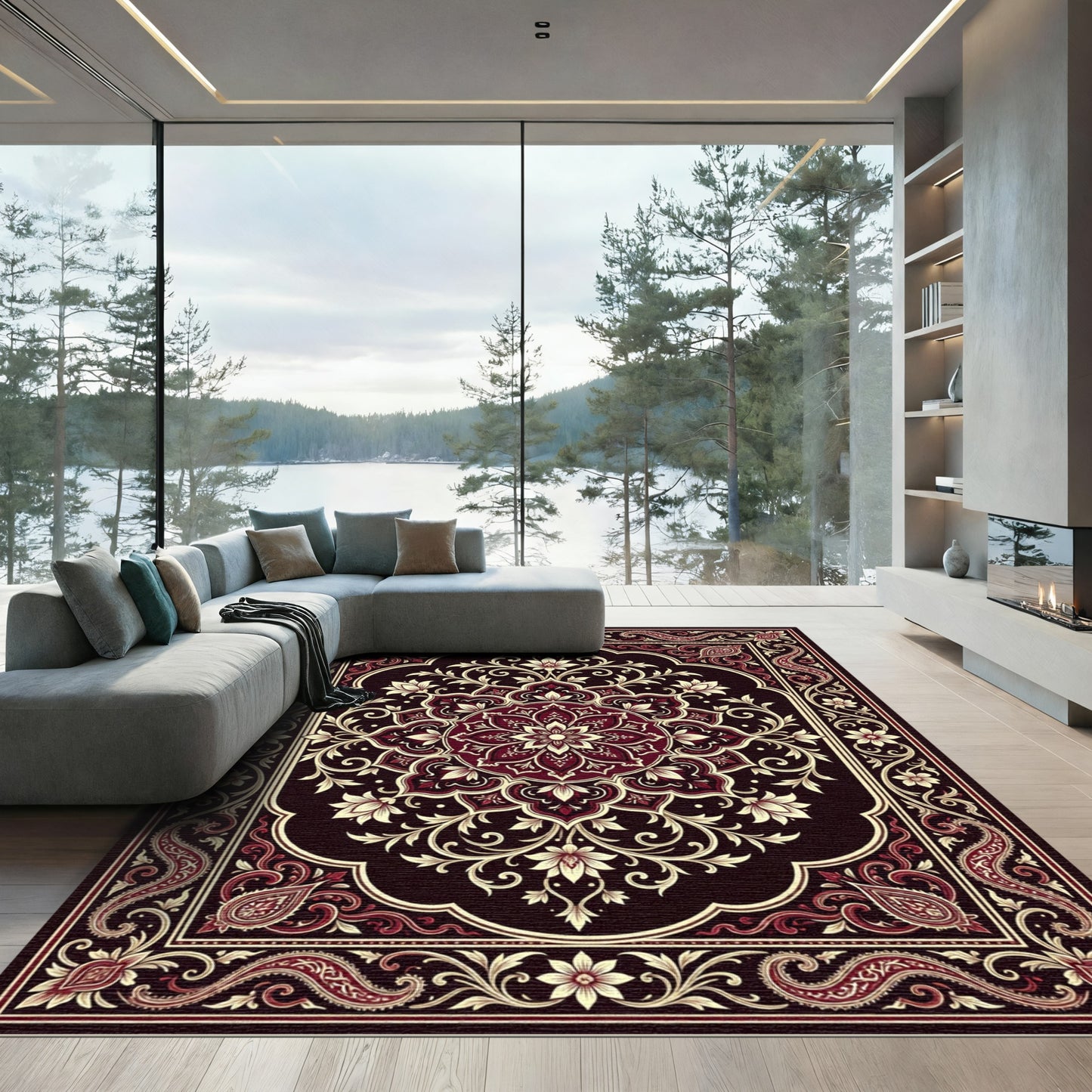 Ornate Burgundy Cream Floral Medallion Rug