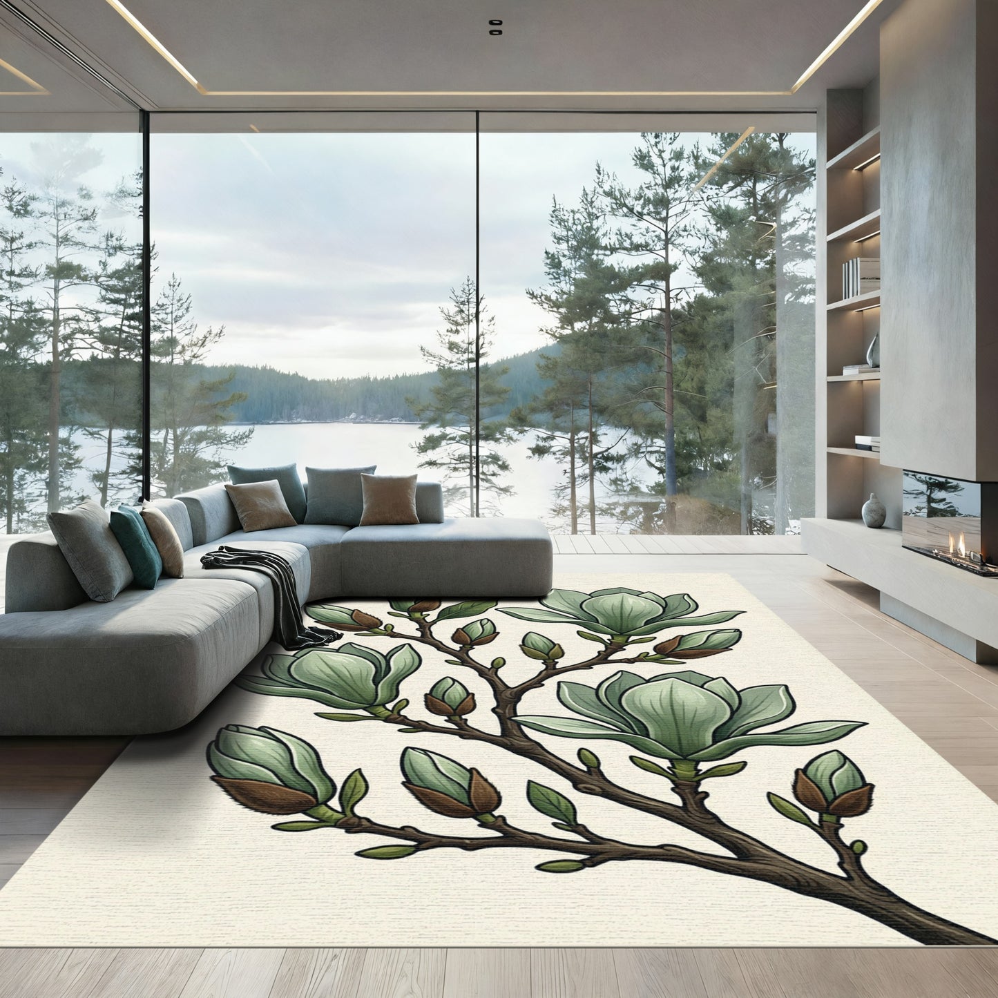 Subtle Green Magnolia Branch Illustration Rug