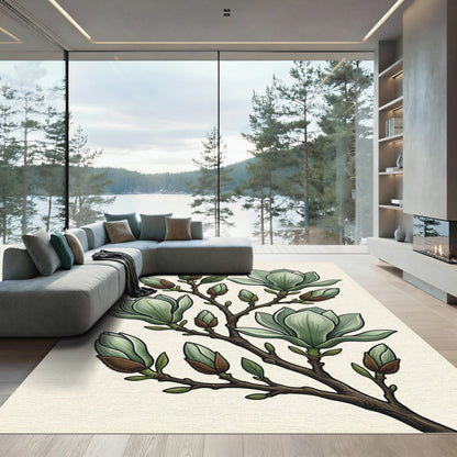 Subtle Green Magnolia Branch Illustration Rug