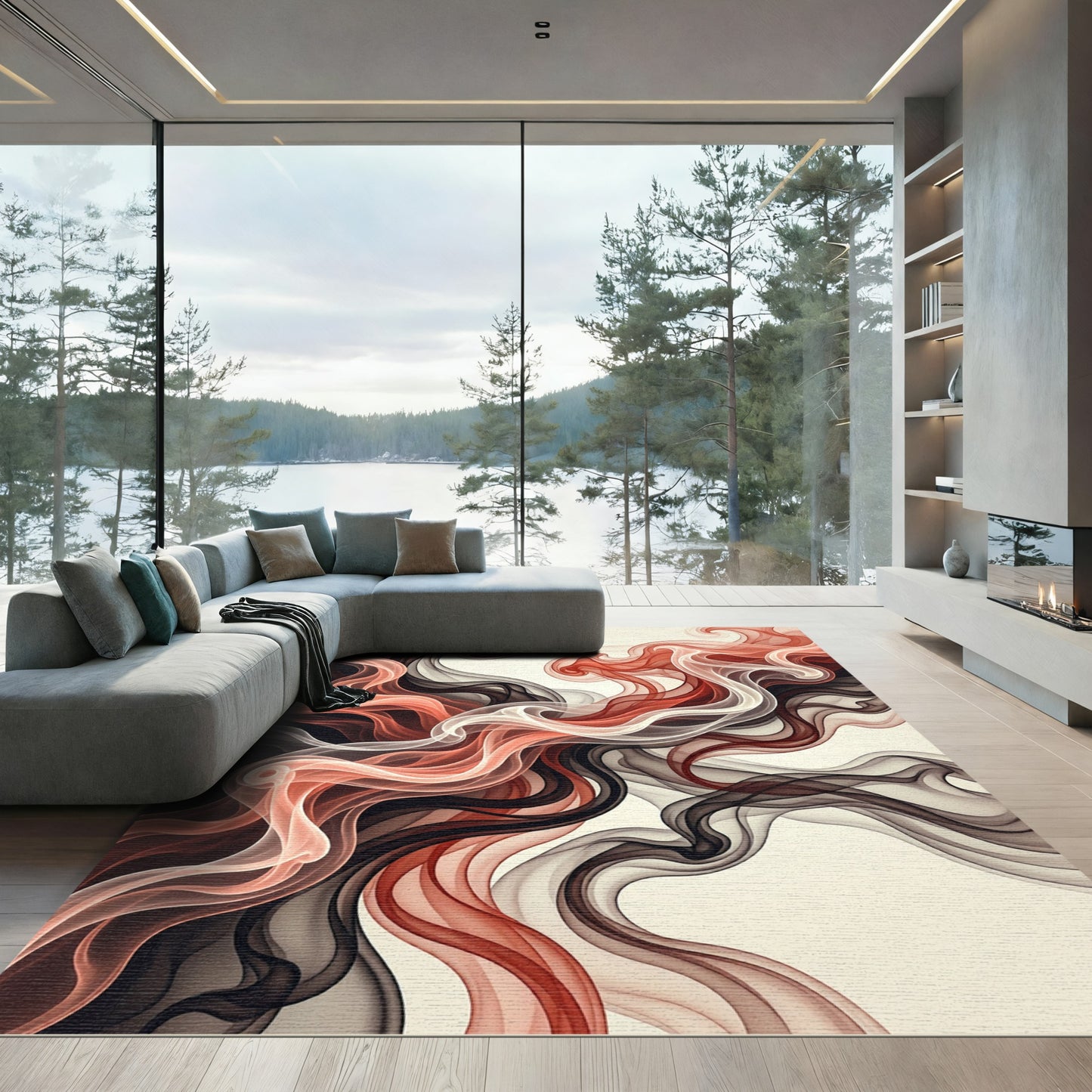 Coral Red Black Swirling Smoke Rug