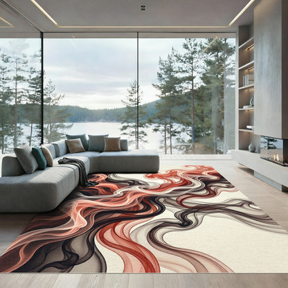 Coral Red Black Swirling Smoke Rug