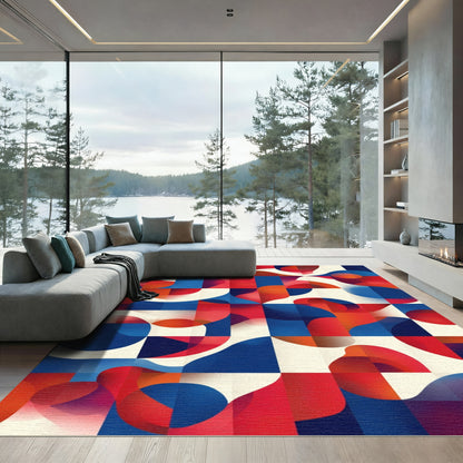 Abstract Red Blue Cream Overlap Shapes Rug