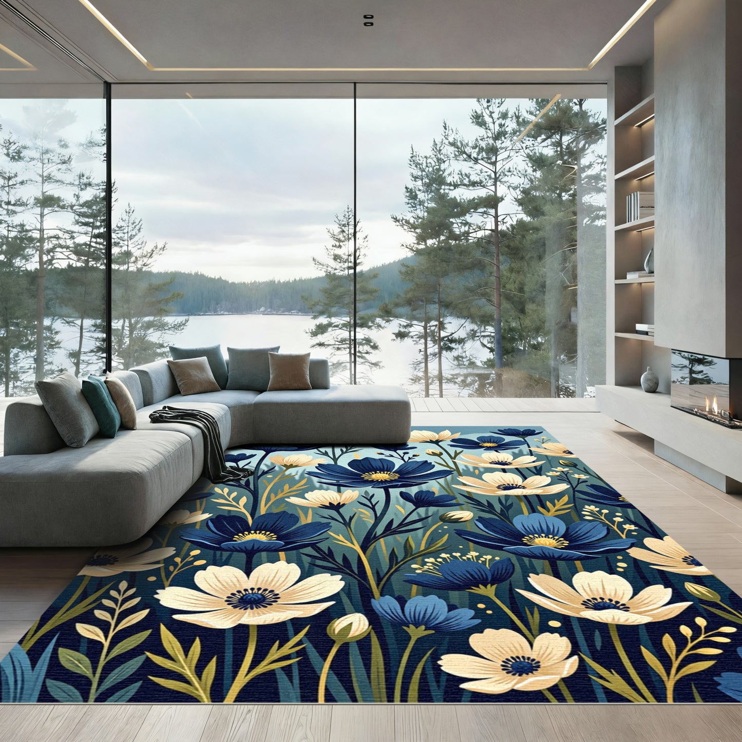 Midnight Cream Floral Botanical Meadow Rug