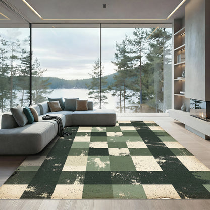 Distressed Sage Olive Checkered Grid Rug