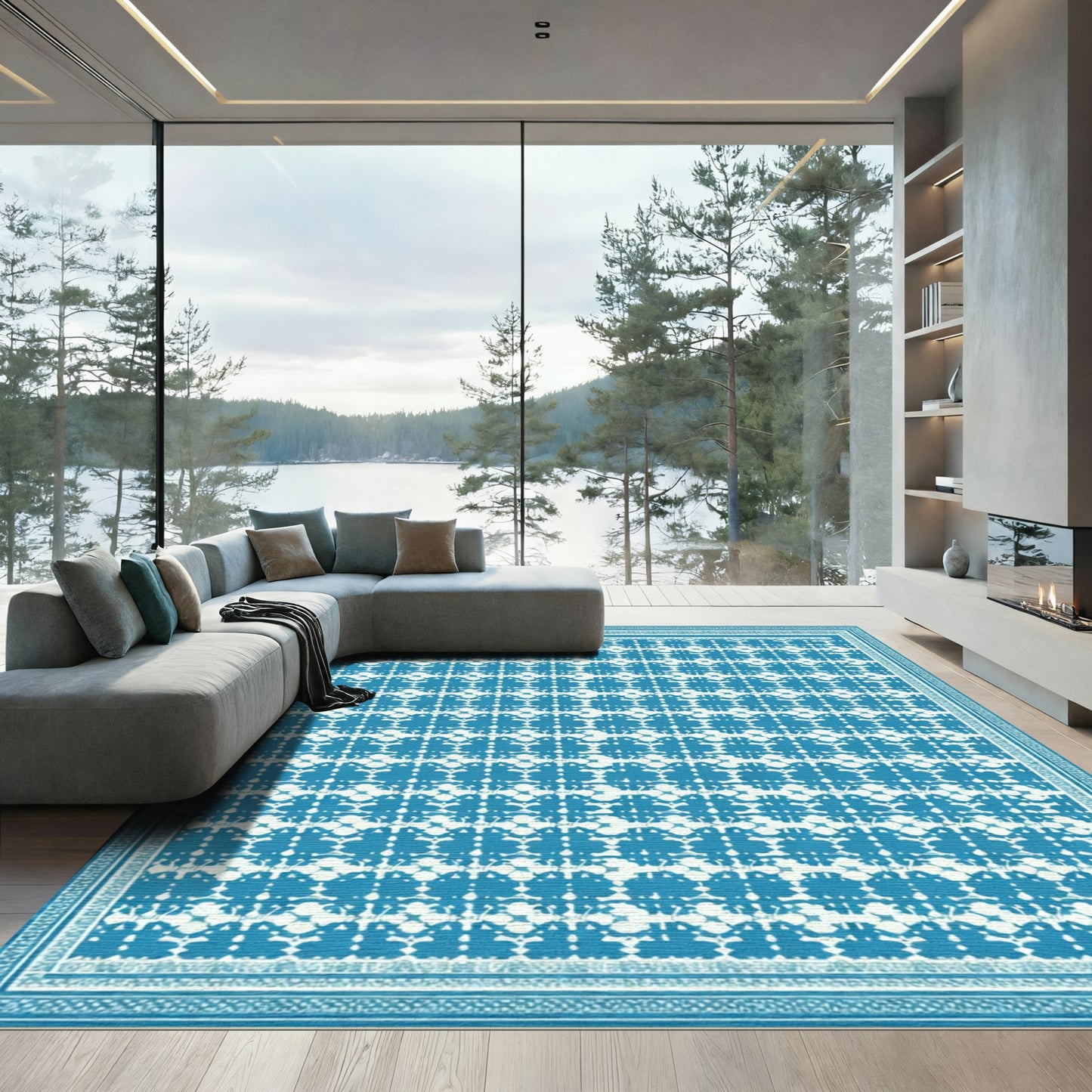 Aegean Blue Lattice Border Rug