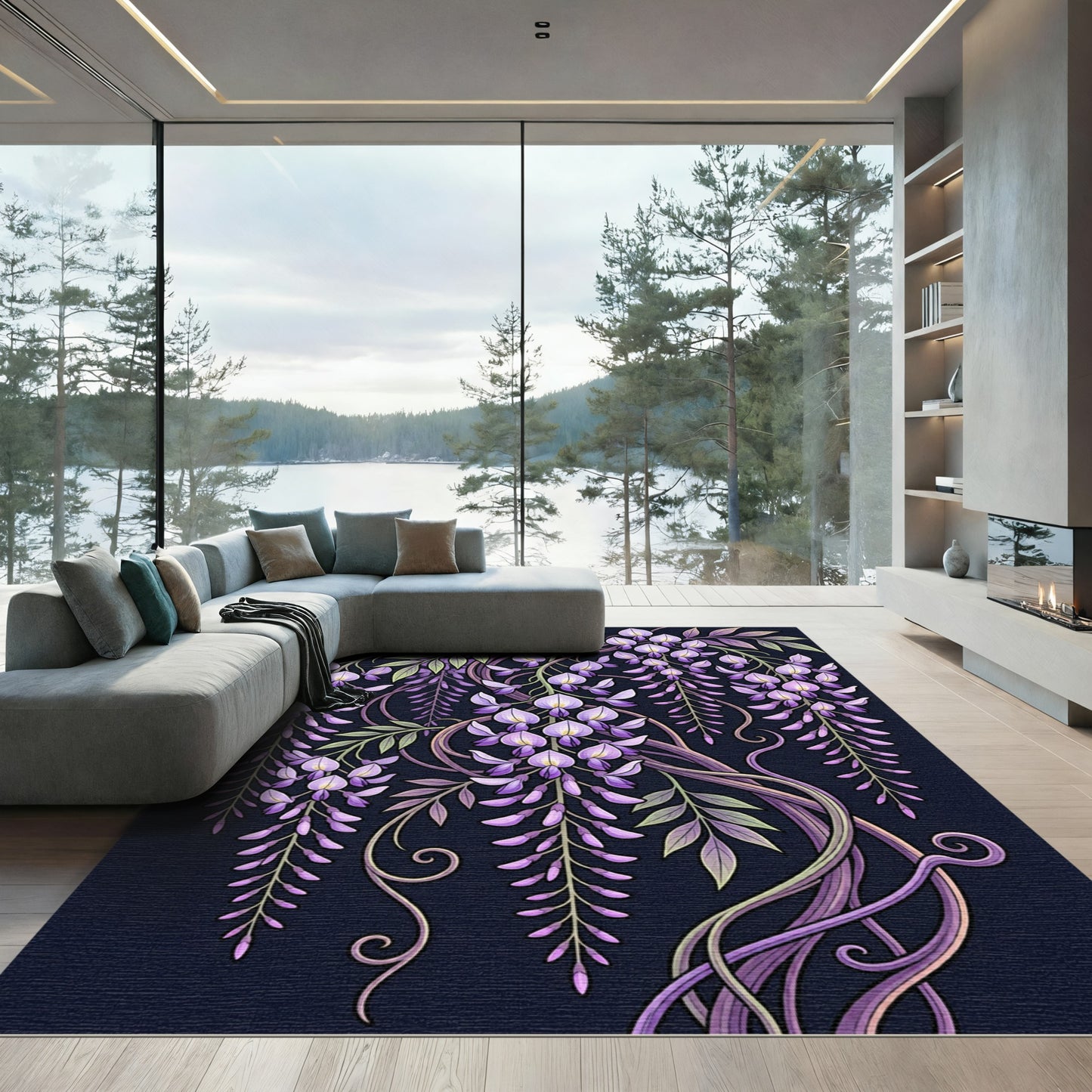 Elegant Purple Wisteria Cascading Floral Rug