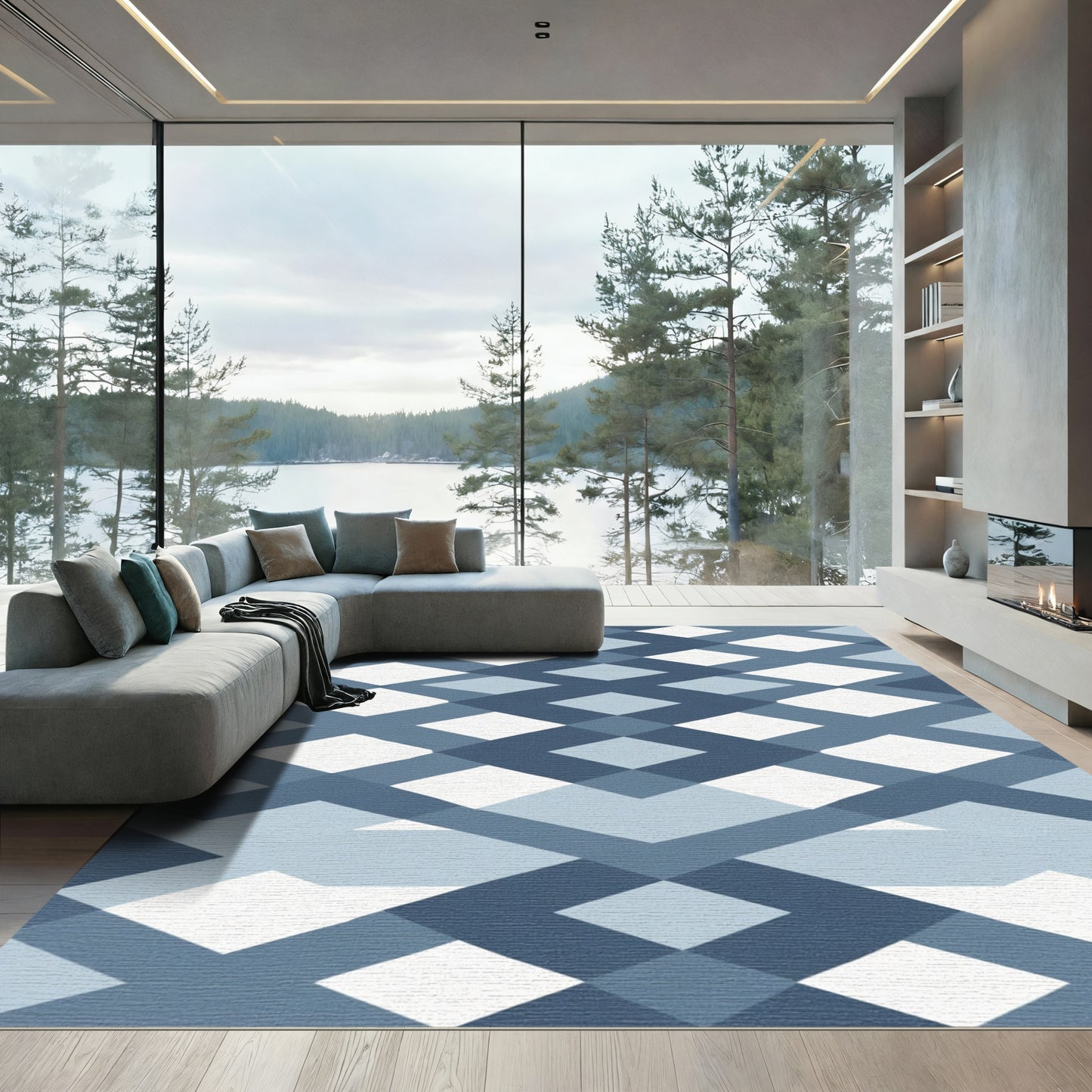 Blue Geometric Diamond Latticework Rug