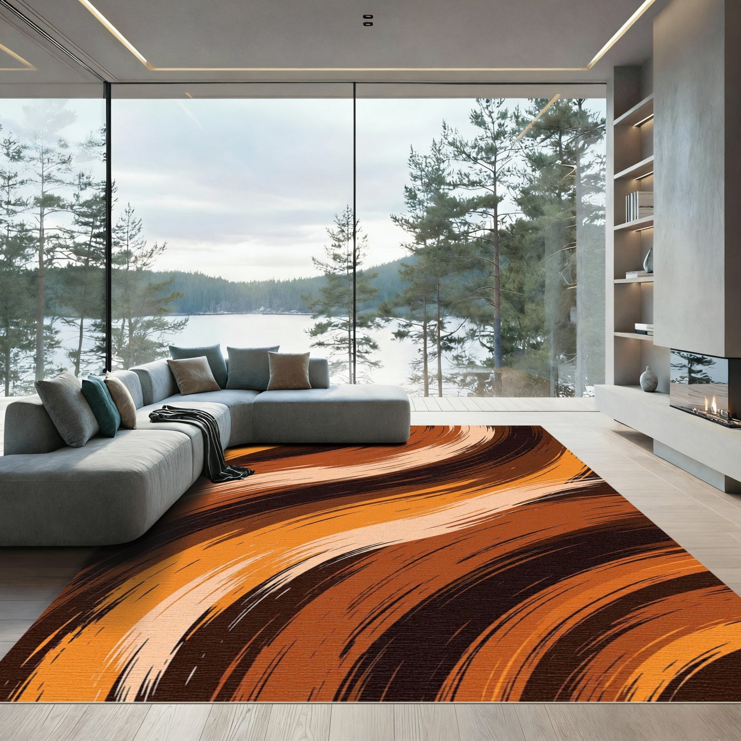 Abstract Earthy Amber Swirling Brushstroke Rug