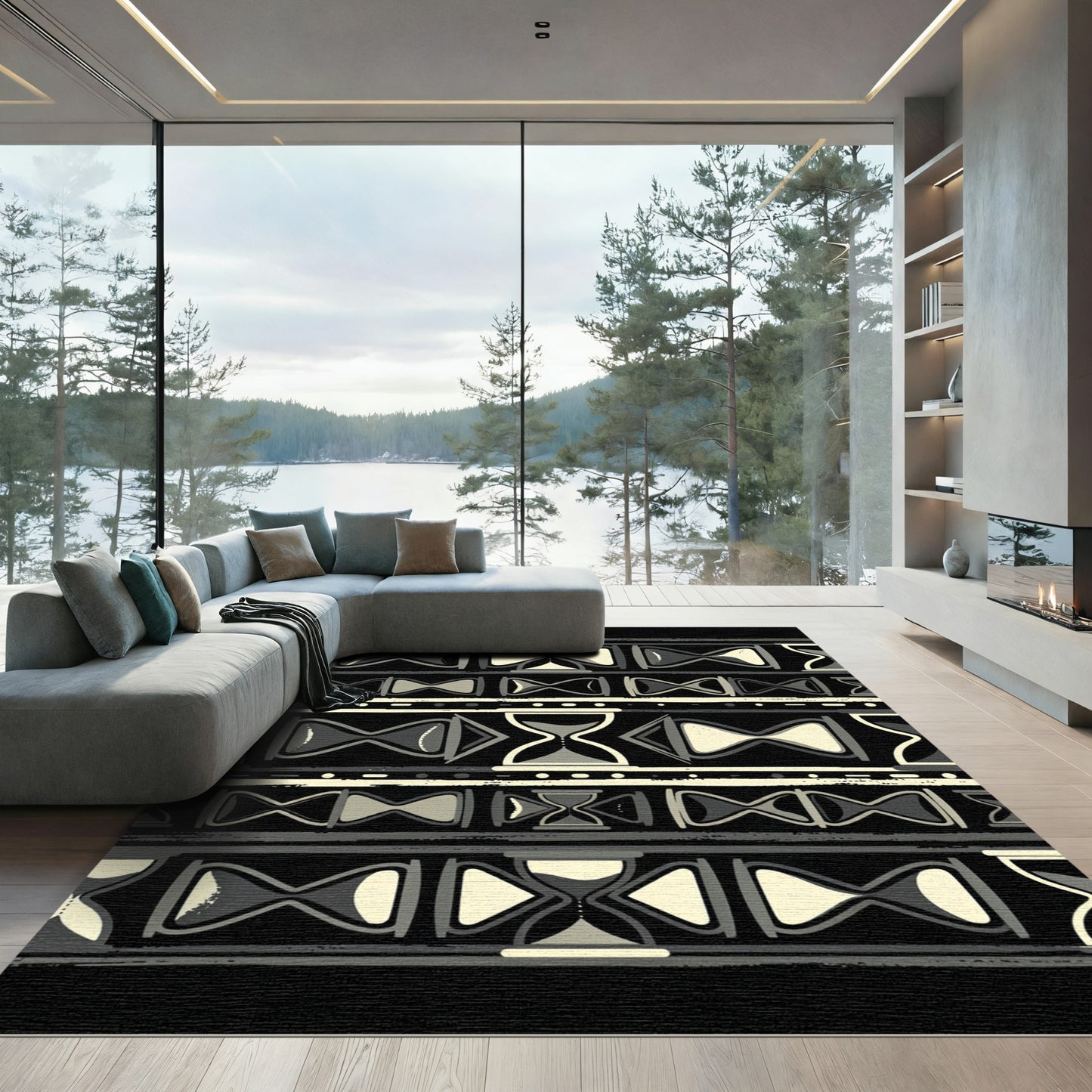 Geometric Hourglass Monochromatic Striped Art Rug