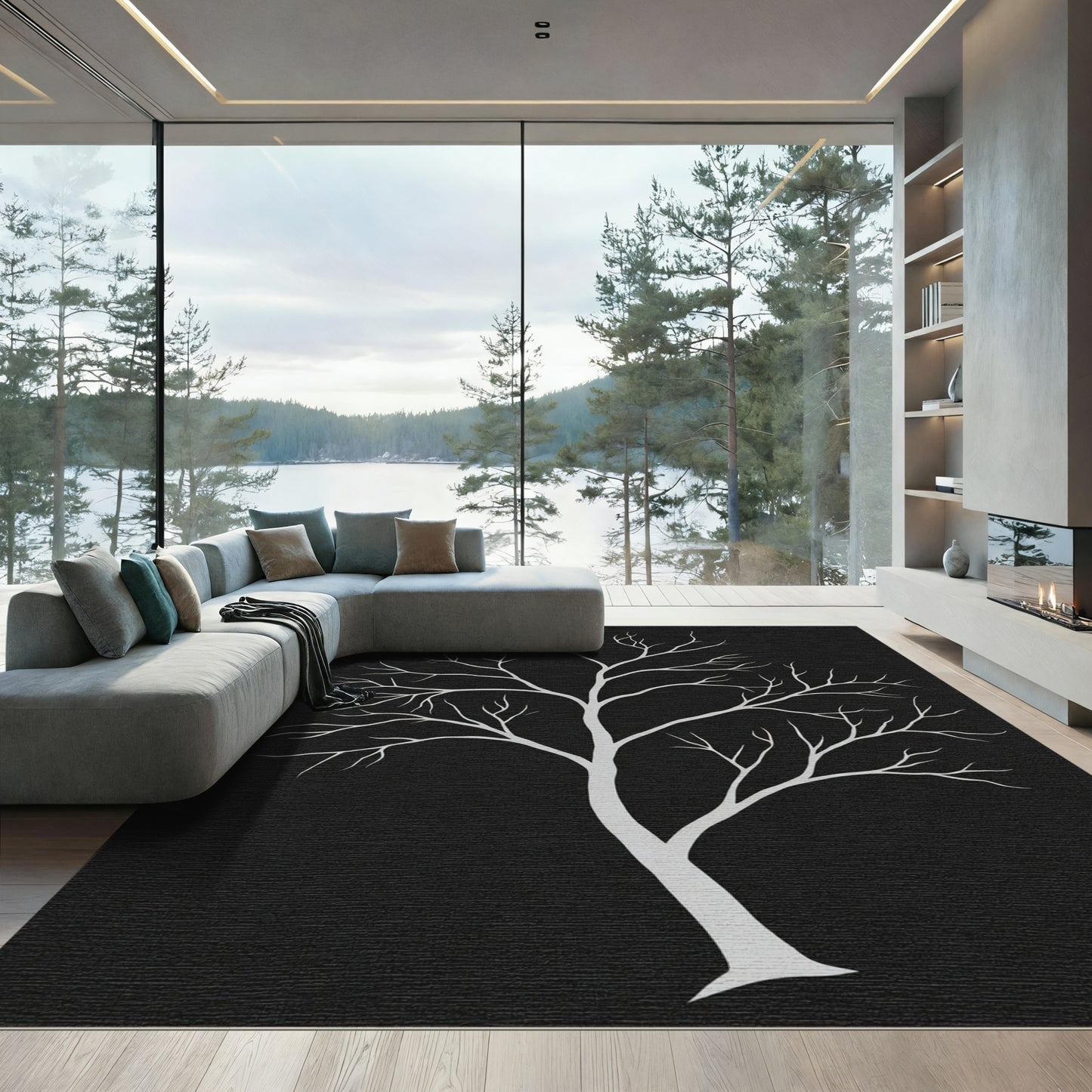Striking Gray Bare Tree Silhouette Rug