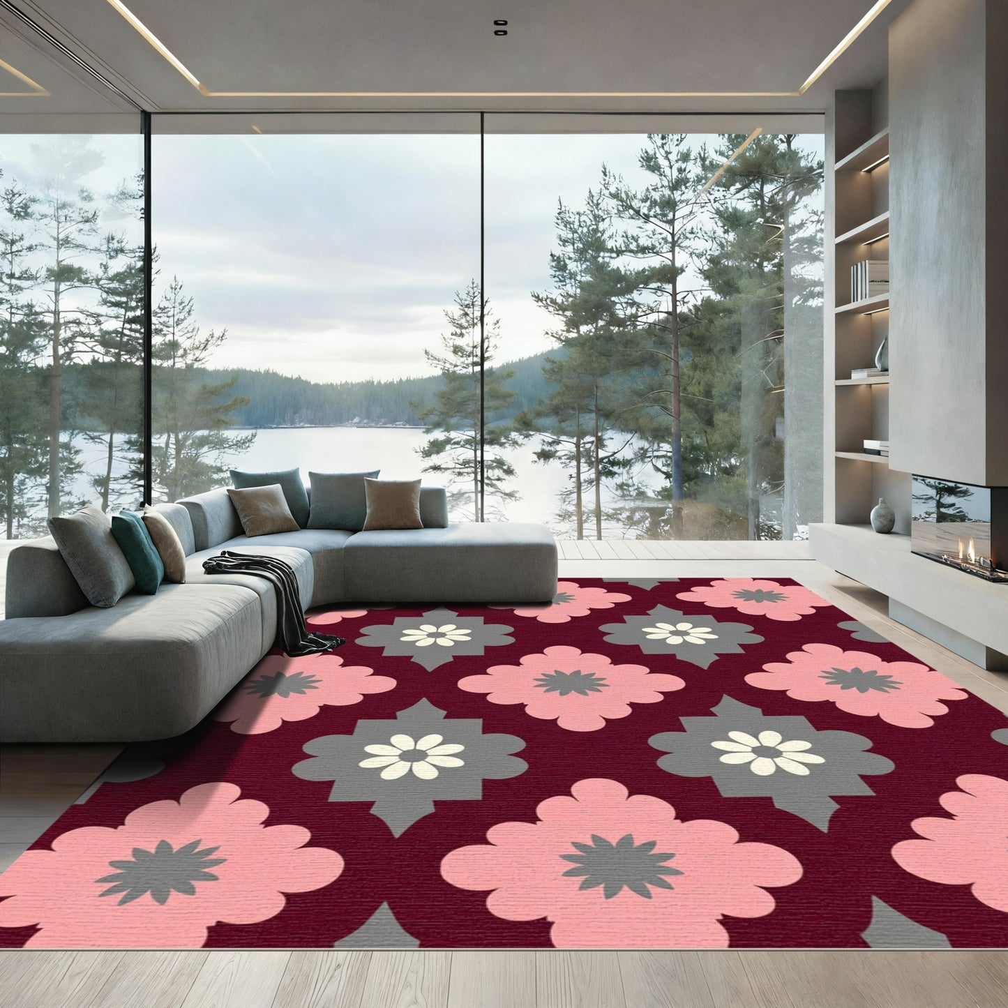 Pink Gray Quatrefoil Floral Pattern Rug