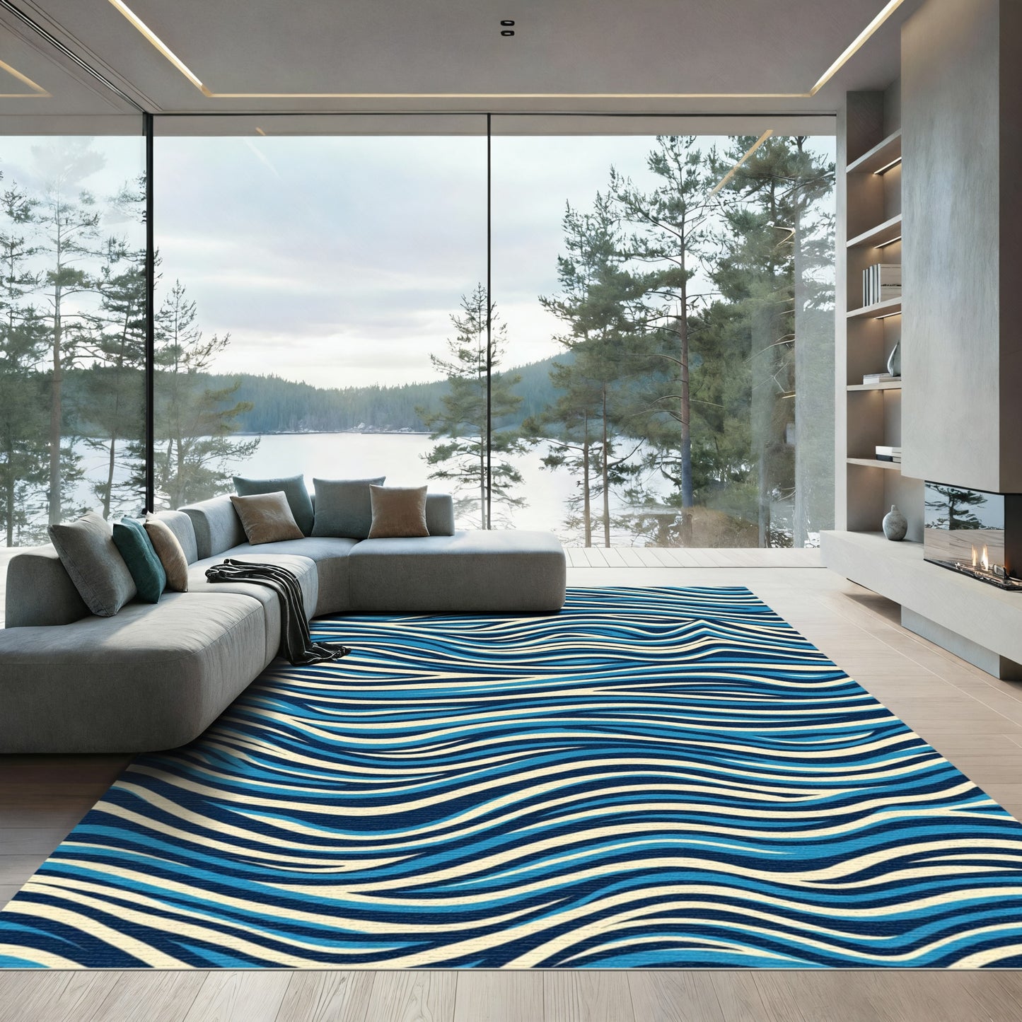 Abstract Blue Cream Curved Stripes Rug