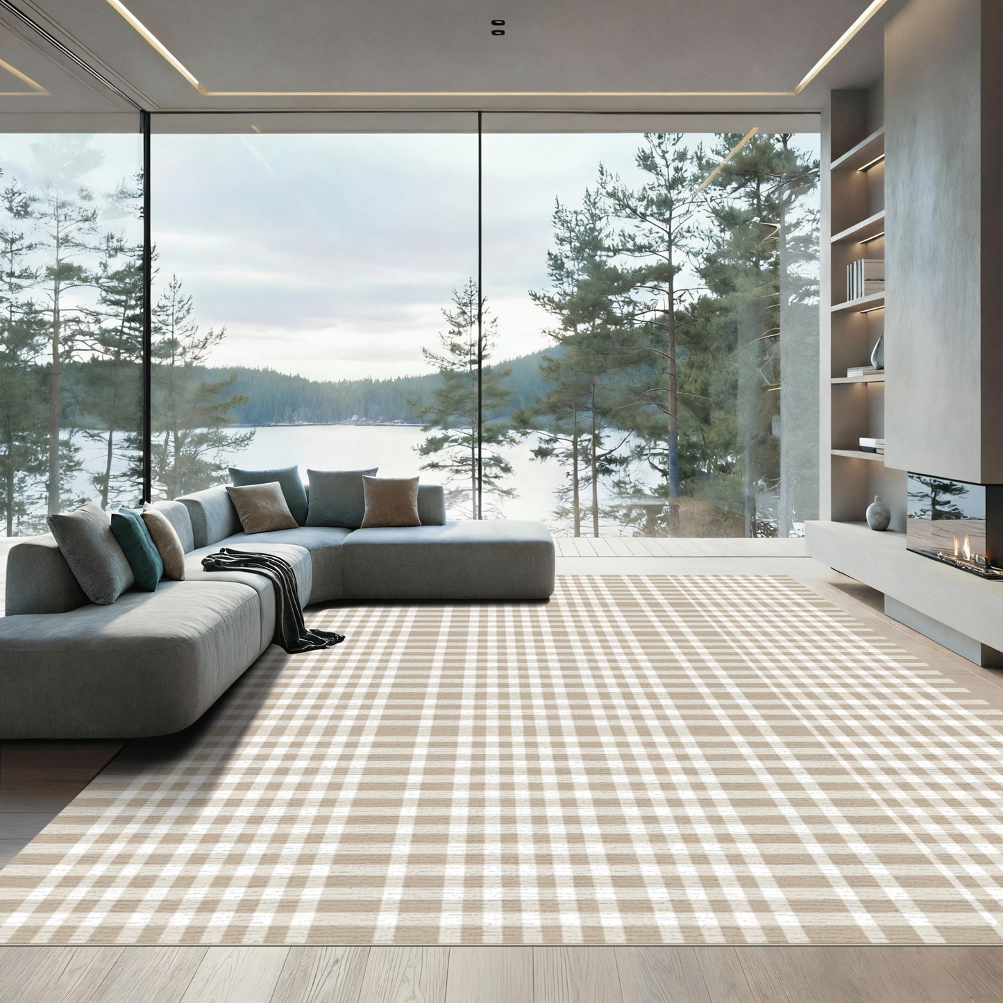 Classic Beige White Checkered Plaid Rug