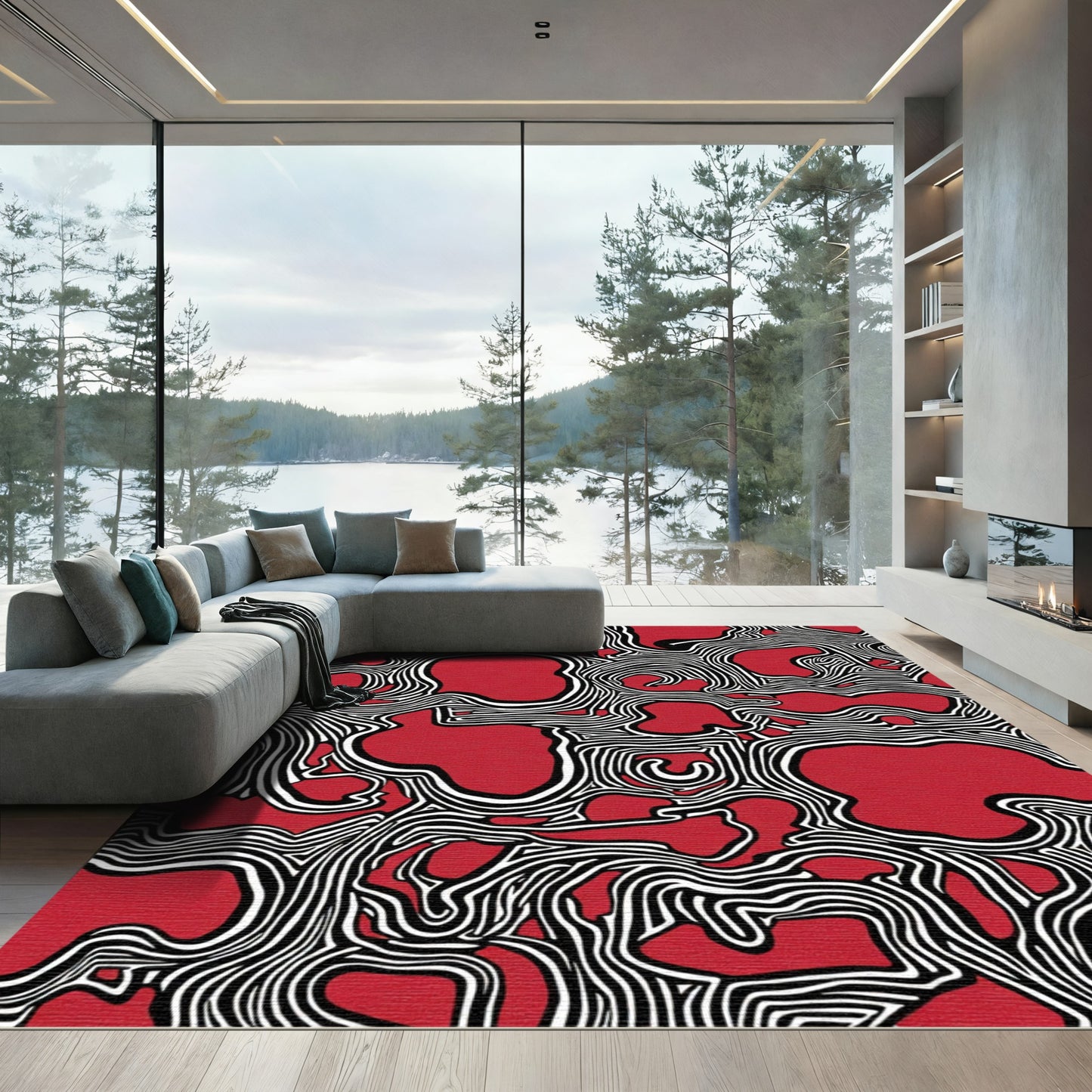 Bold Red Abstract Organic Lines Rug