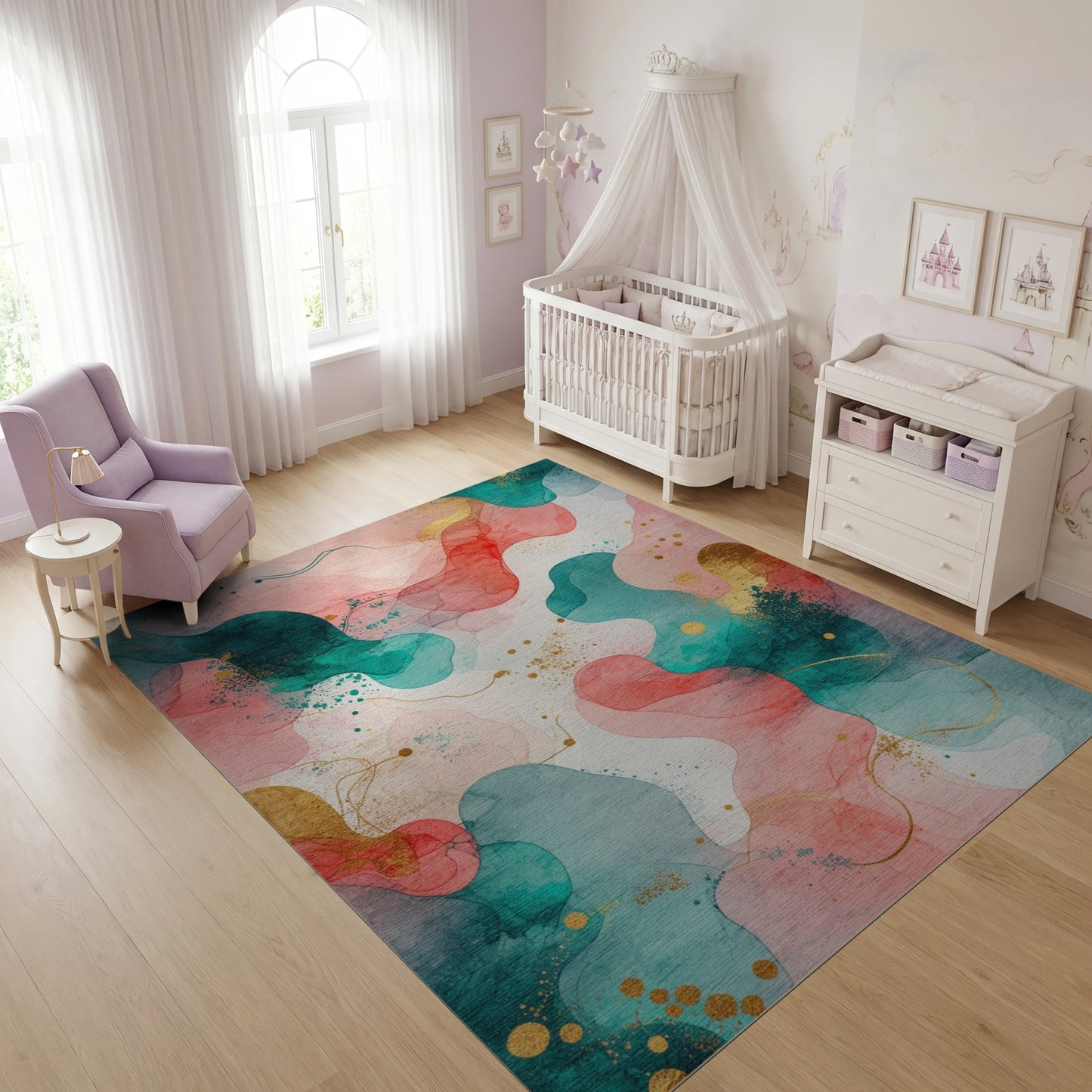 Abstract Fluid Teal Pink Gold Rug