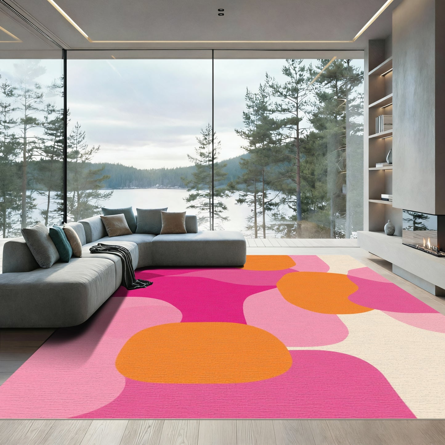 Vibrant Pink Orange Abstract Shapes Rug