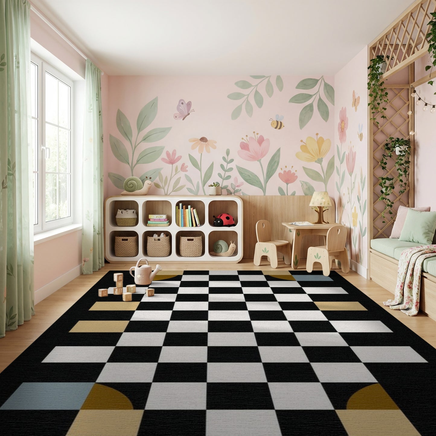 Black White Gold Teal Checkerboard Rug