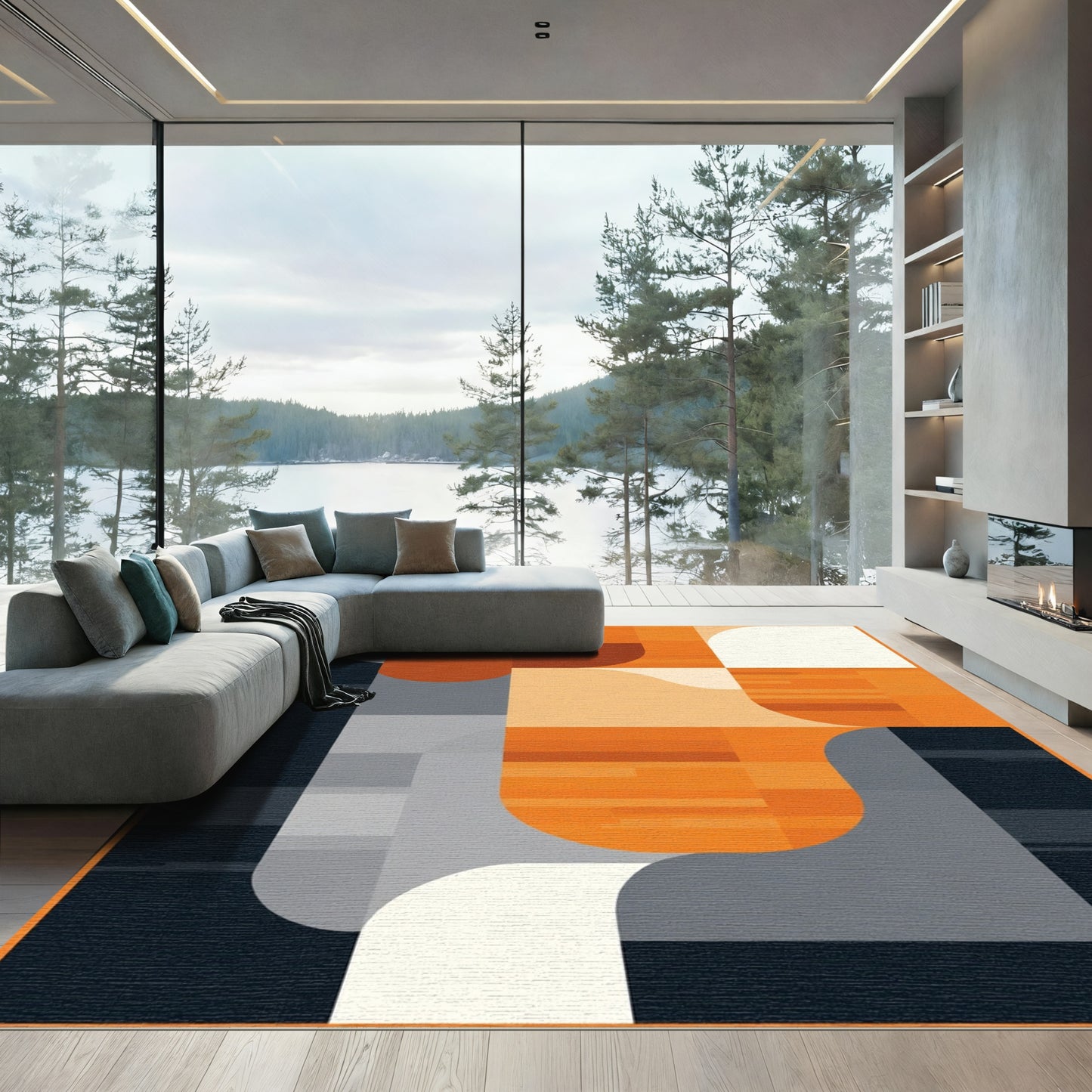 Modern Abstract Orange Geometric Curve Rug