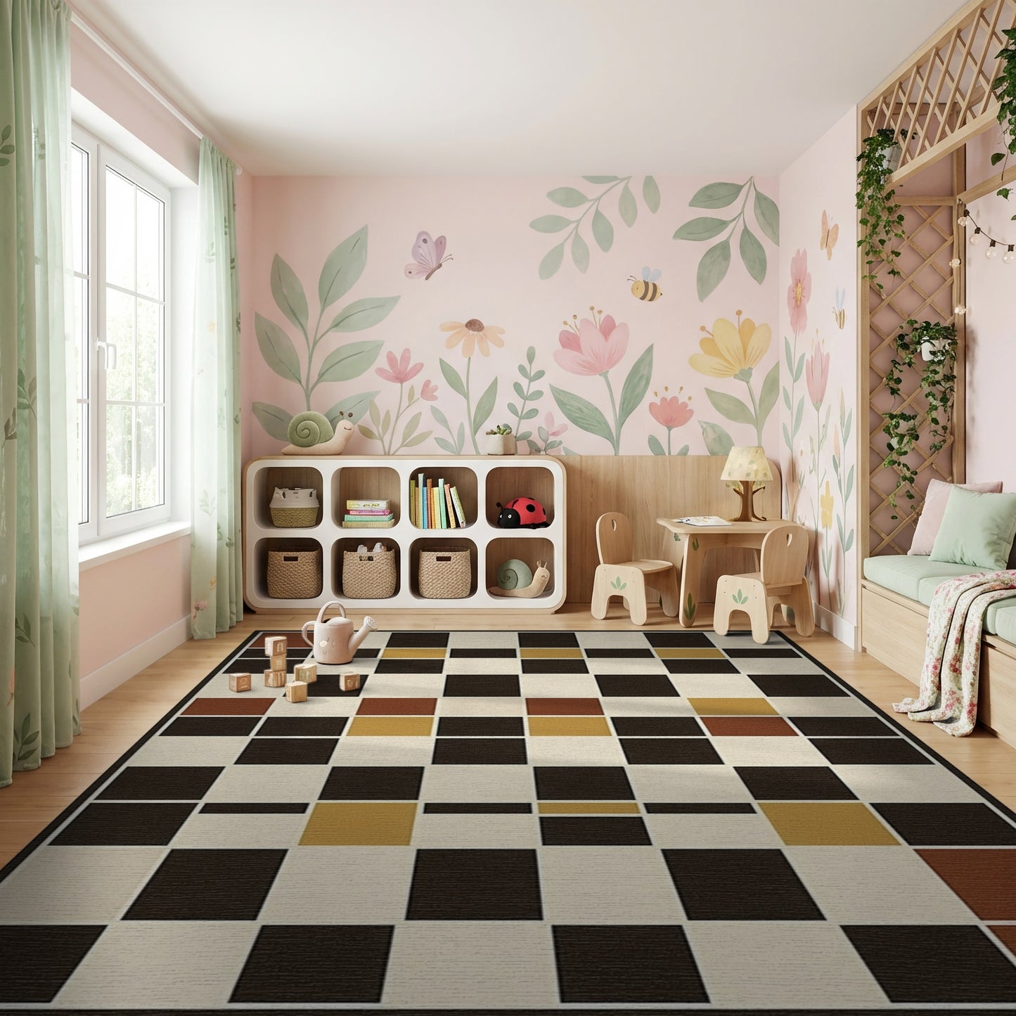 Geometric Rust Gold Black Grid Rug