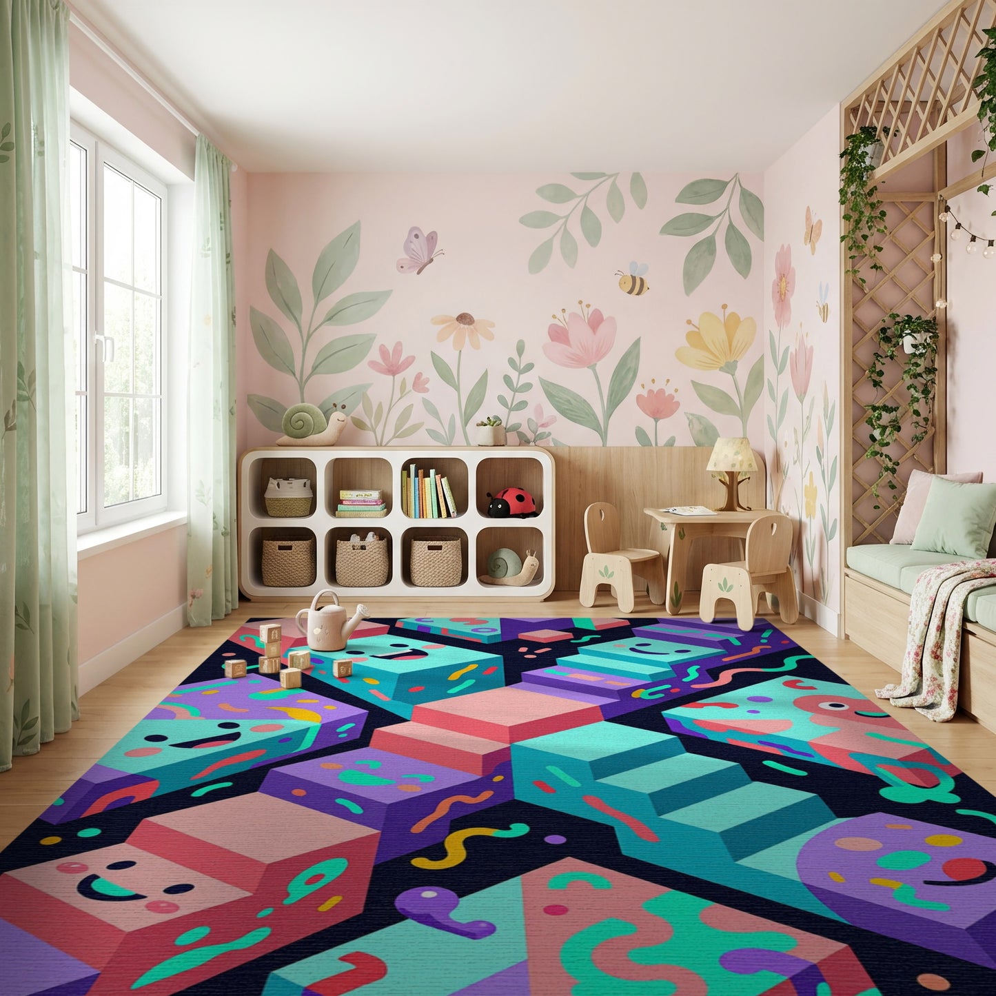 Playful Stacked Smiling Cubes Rug