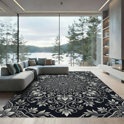 Monochromatic Floral Mandala Intricate Art Rug