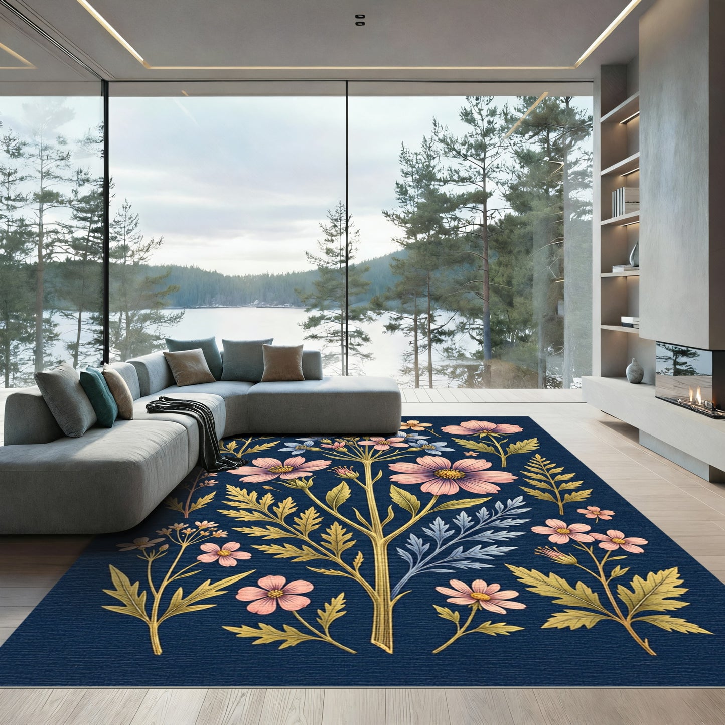 Elegant Indigo Botanical Pink Floral Rug