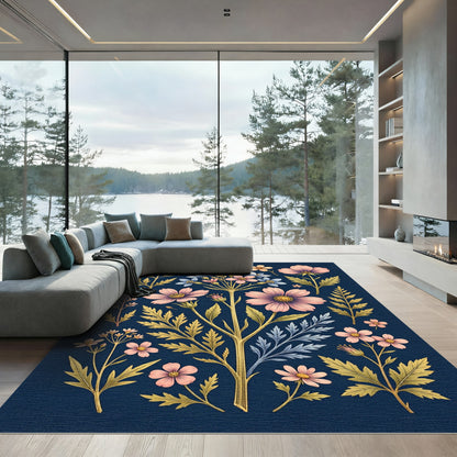 Elegant Indigo Botanical Pink Floral Rug