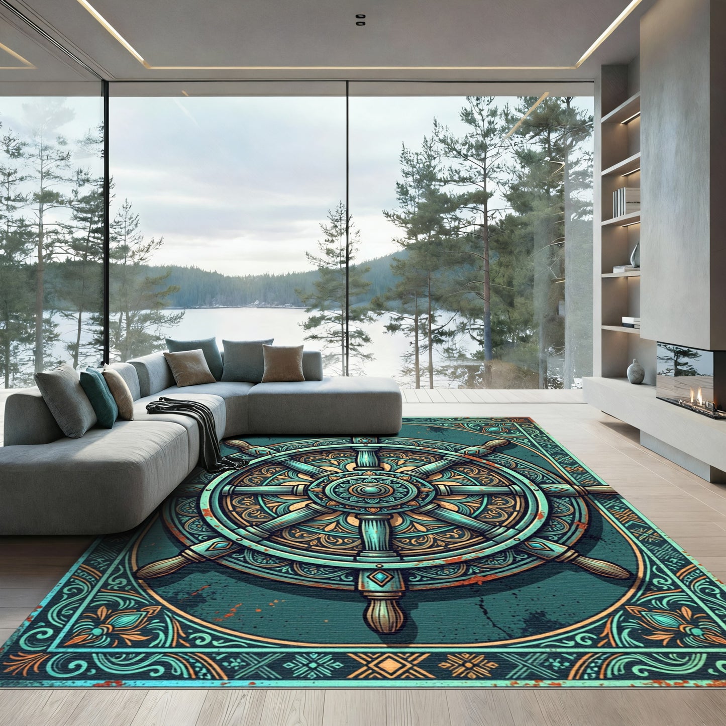Ornate Teal Nautical Helm Medallion Rug