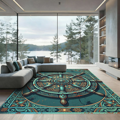 Ornate Teal Nautical Helm Medallion Rug