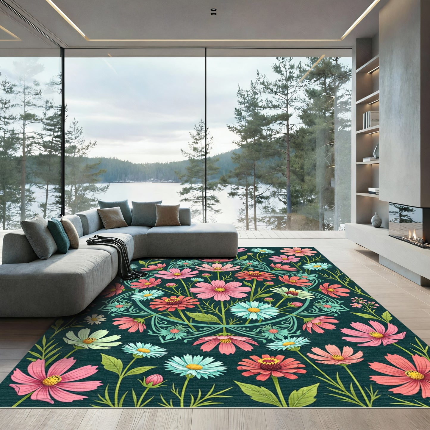 Dusky Teal Floral Medallion Meadow Rug