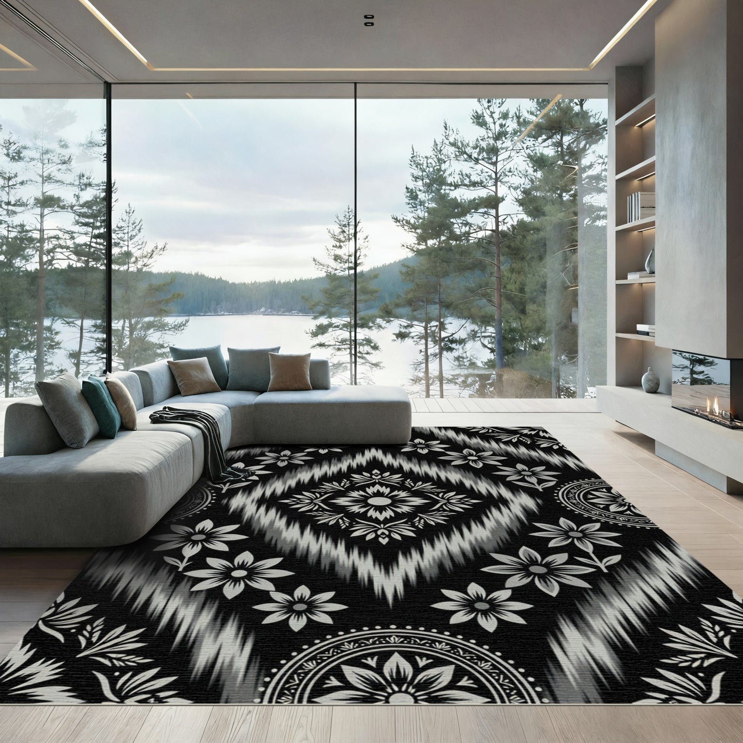 Black Gray Floral Ikat Diamond Rug
