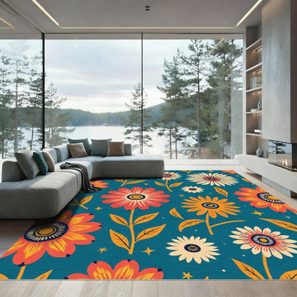Teal Daisy Floral Sunburst Rug
