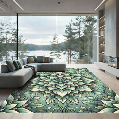 Sage Green Botanical Floral Mandala Rug