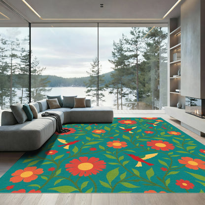 Coral Red Hummingbirds Garden Teal Rug