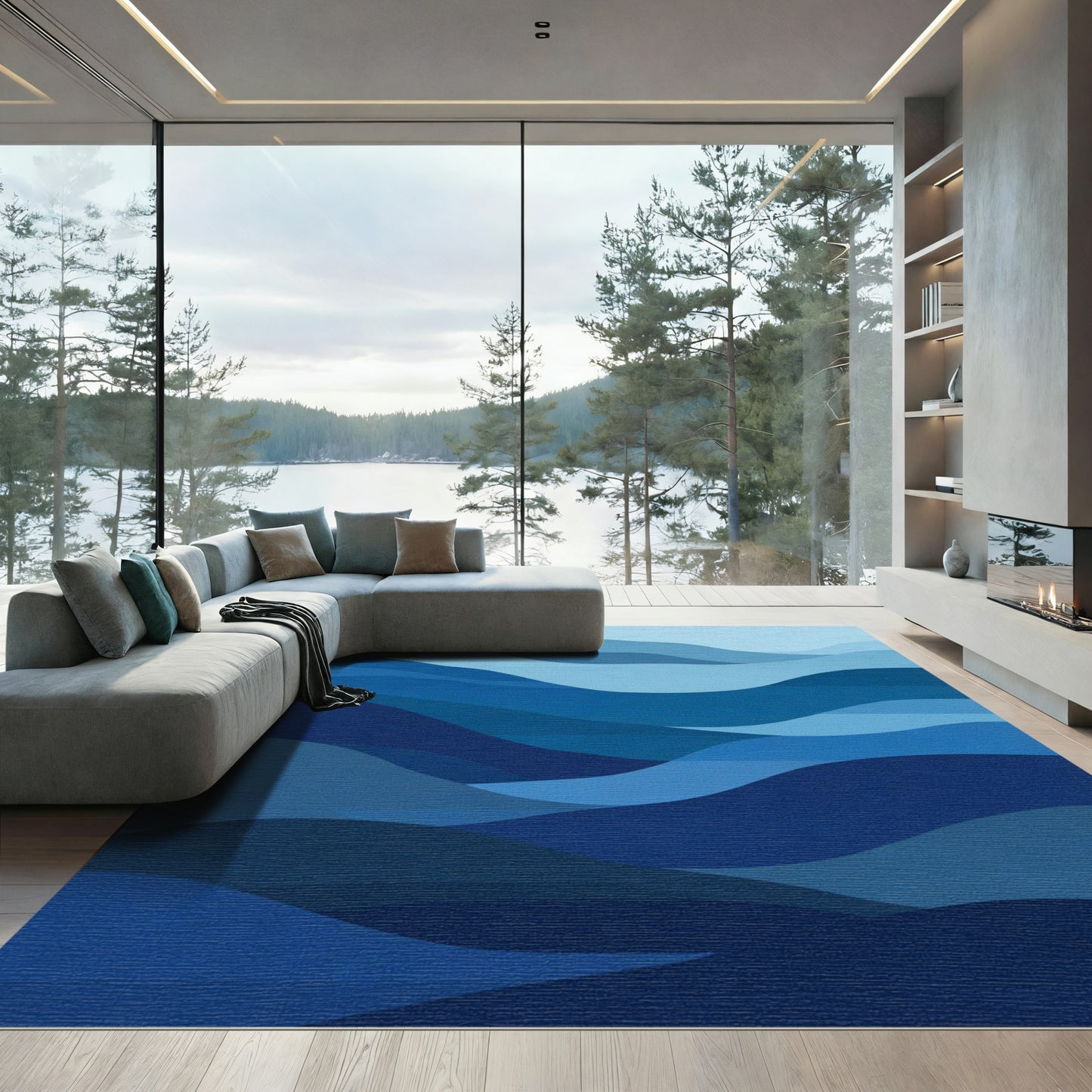Deep Blue Layered Waves Rug