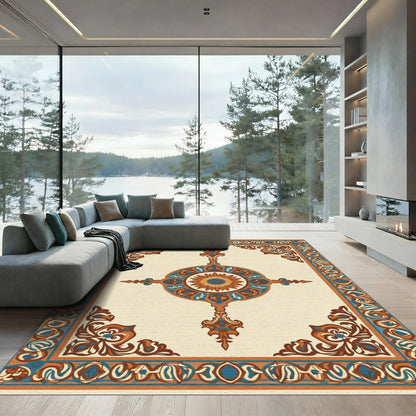 Orange Teal Medallion Floral Border Rug