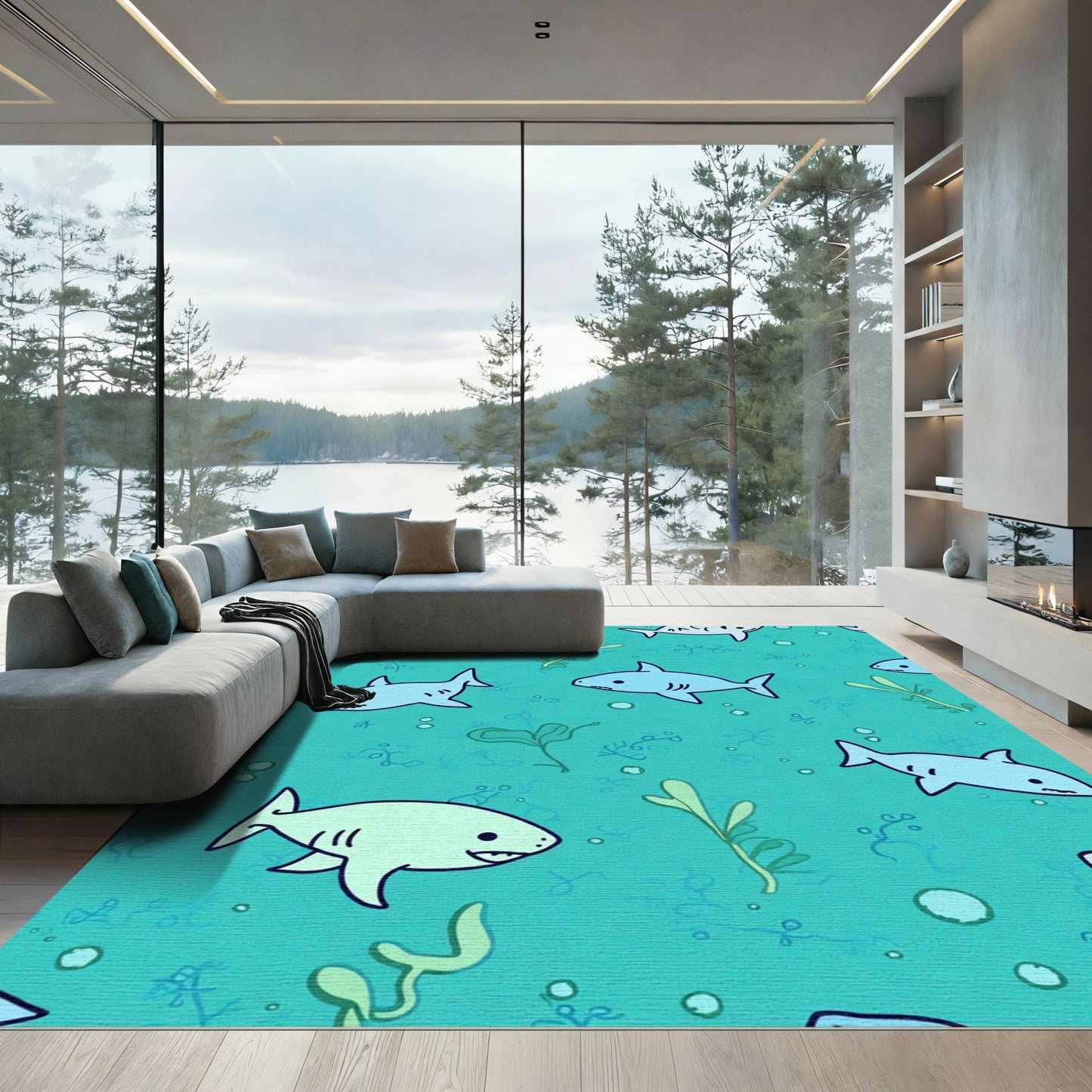 Whimsical Blue Shark Underwater Scene Rug