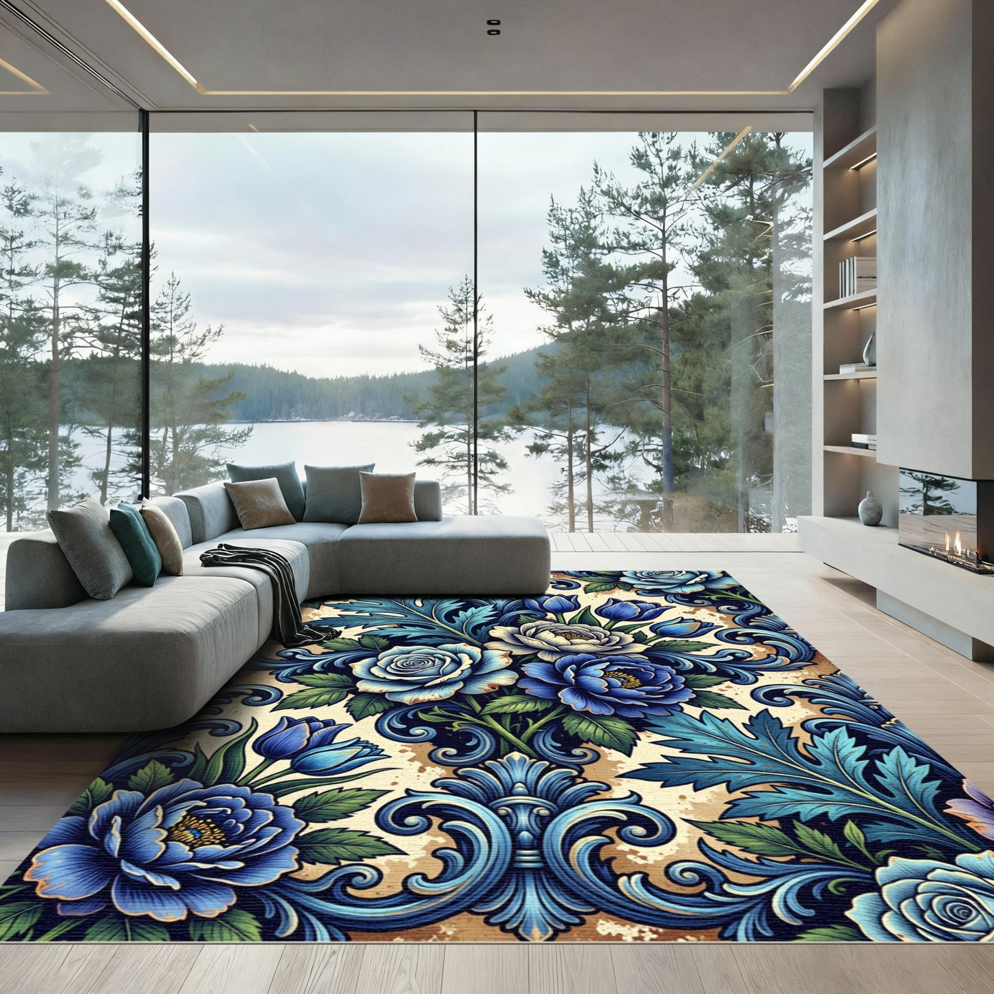 Rich Blue Floral Acanthus Scroll Rug