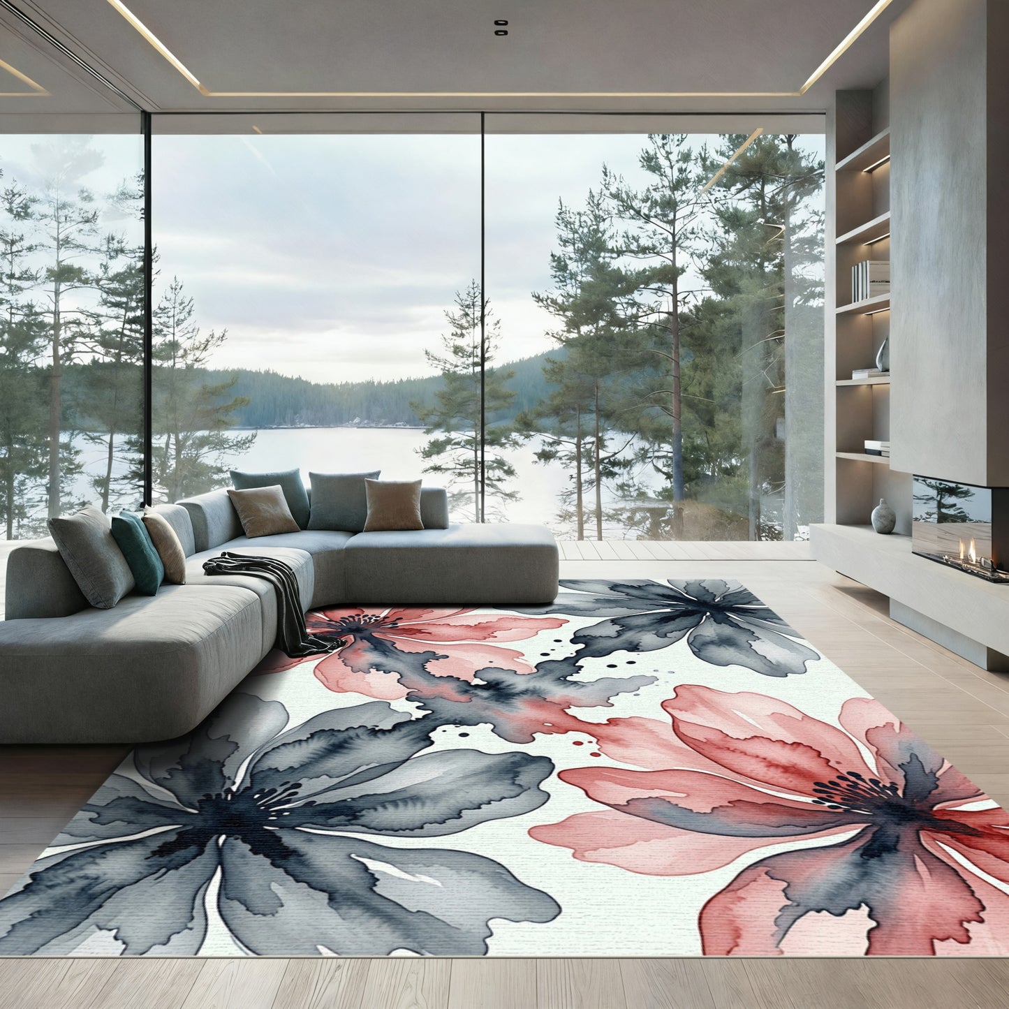 Watercolor Pink and Charcoal Abstract Floral Rug