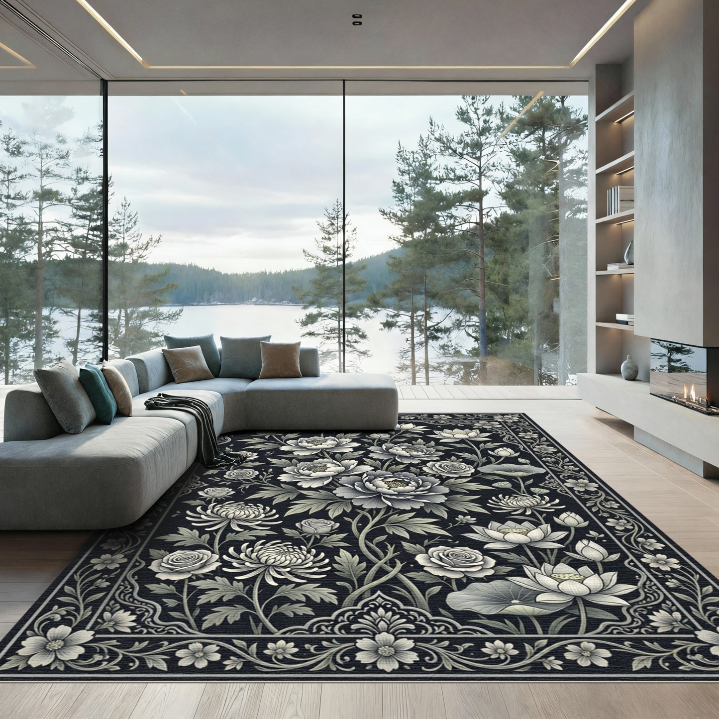 Monochromatic Floral Garden Border Rug