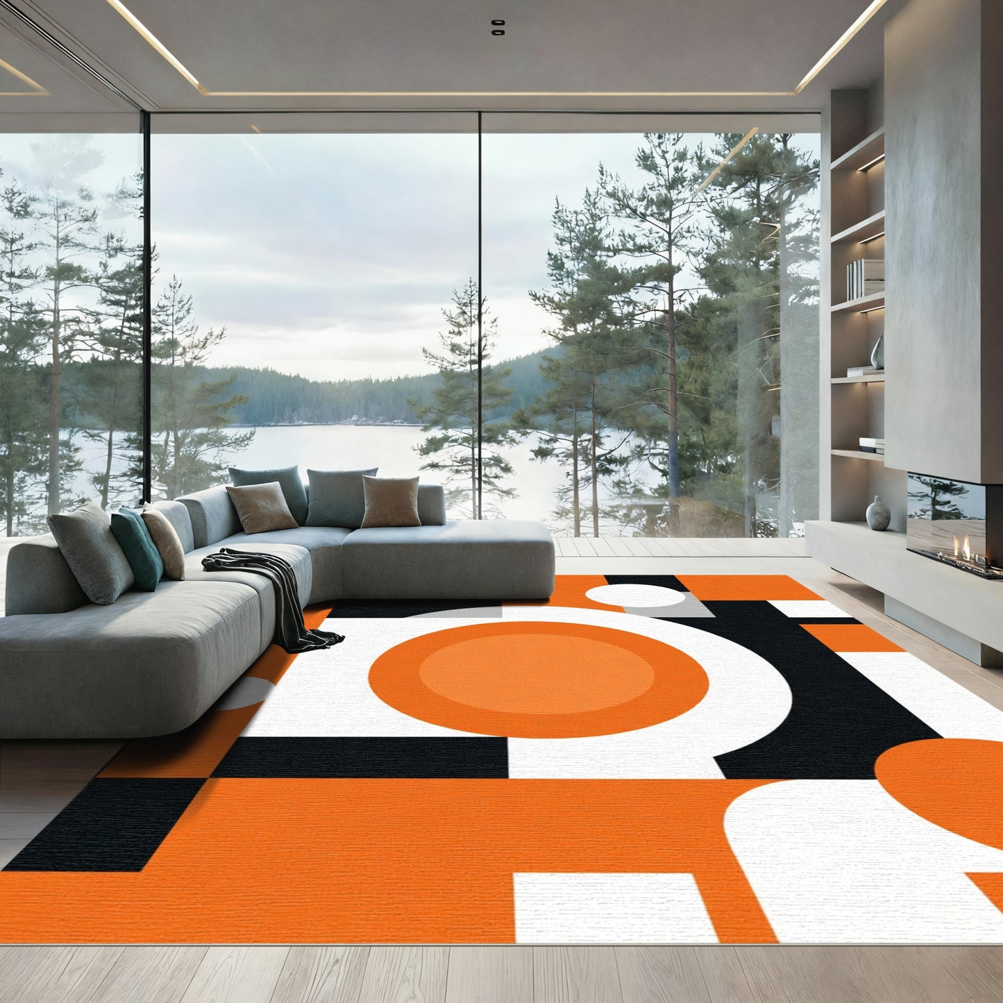 Bold Orange Black Geometric Circles Rug