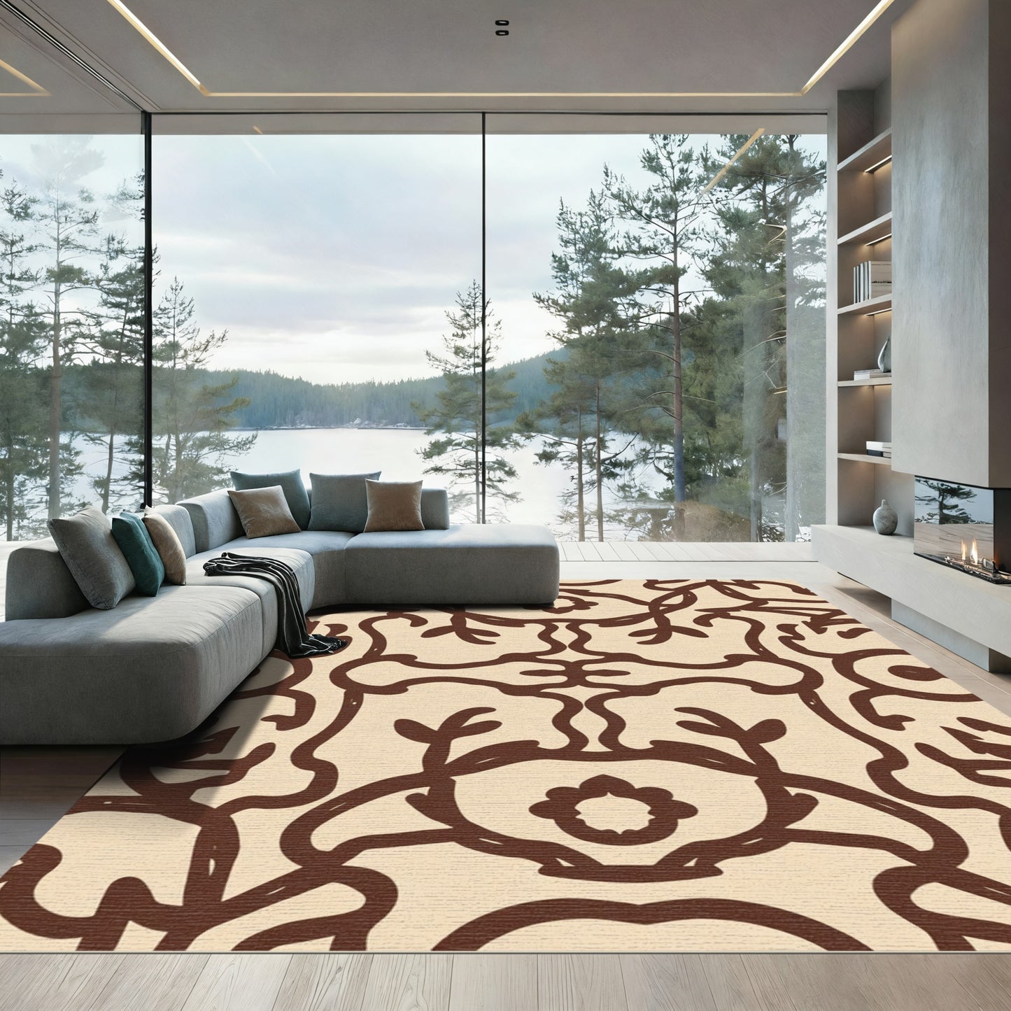 Brown Floral Scrollwork Symmetry Rug