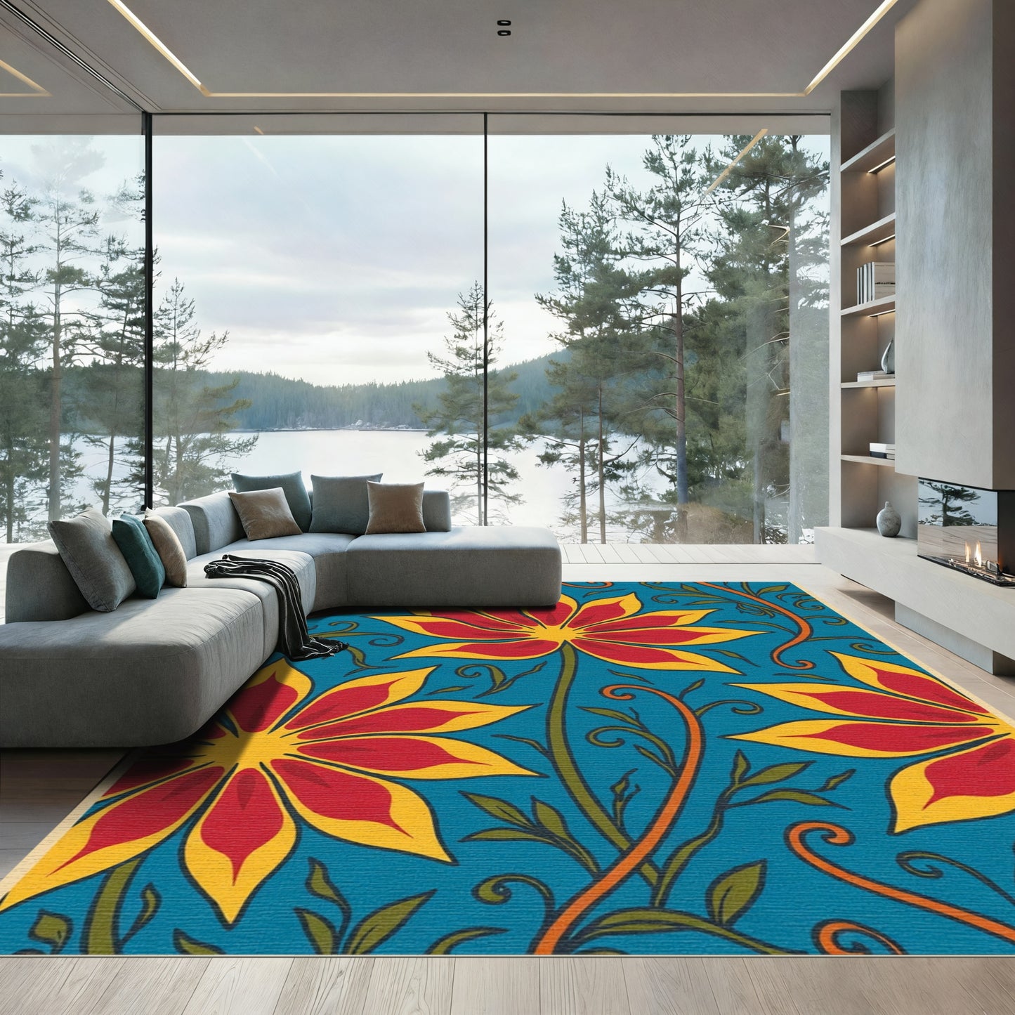 Red Yellow Floral Blue Vines Rug