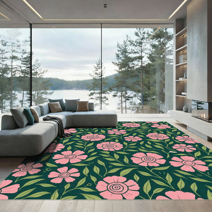 Pink Floral Vines Emerald Green Rug
