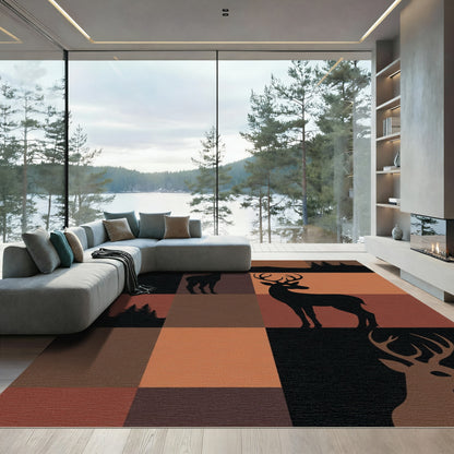 Rustic Deer Woodland Silhouette Squares Rug