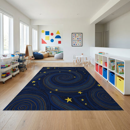 Navy Swirling Spirals Golden Stars Rug