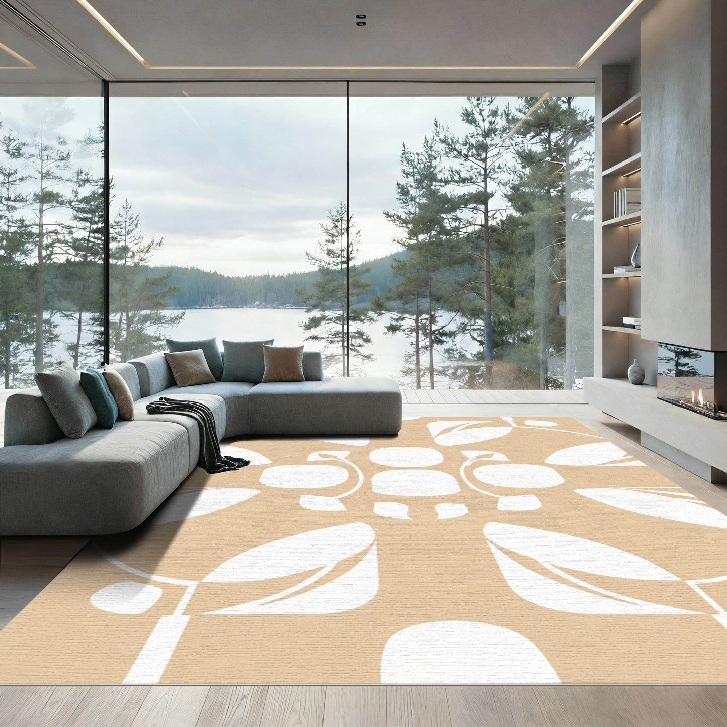 Sandy Beige Abstract Geometric Floral Rug