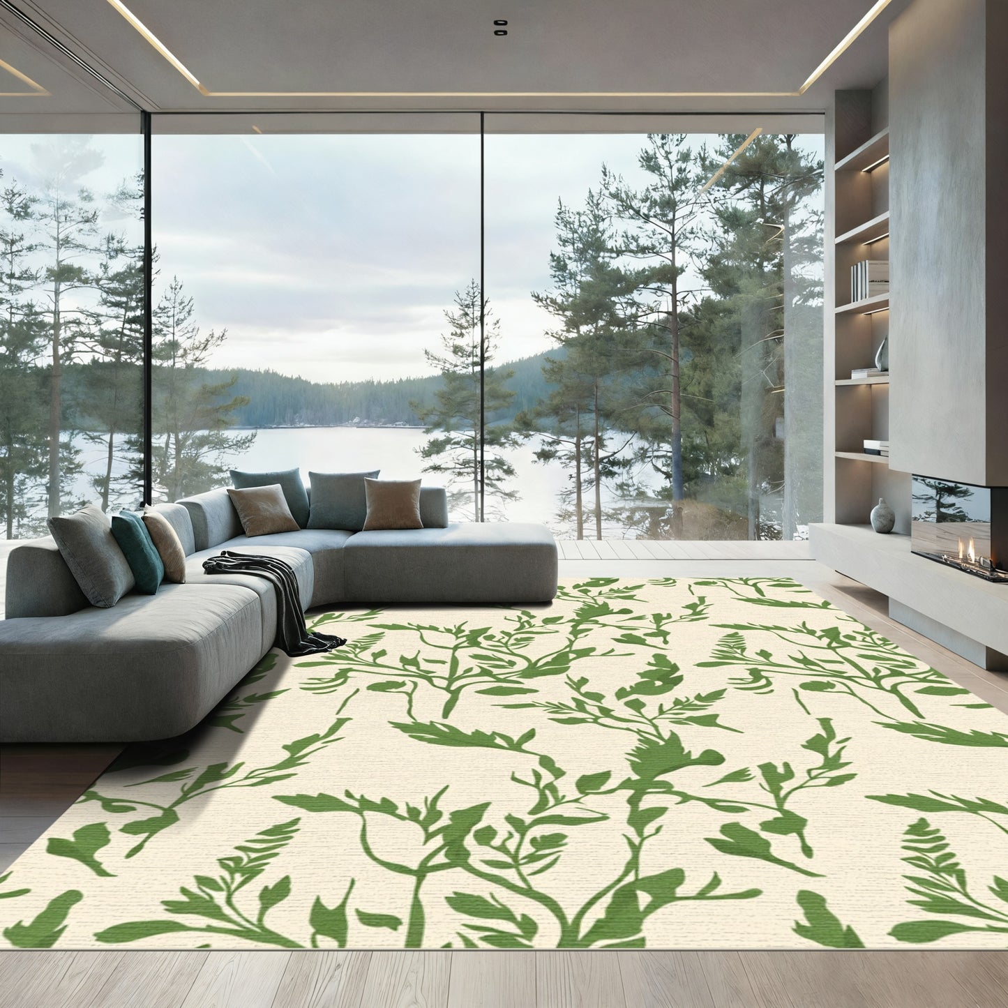 Green Botanical Foliage Cream Background Rug