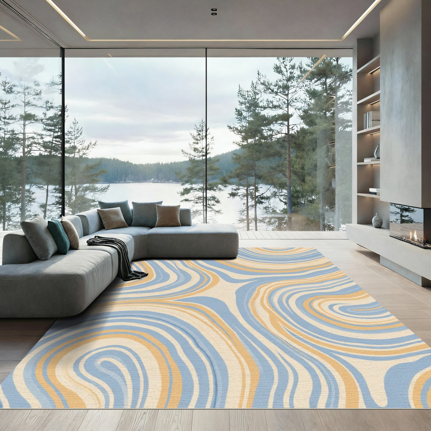 Pale Blue Beige Swirling Marble Rug